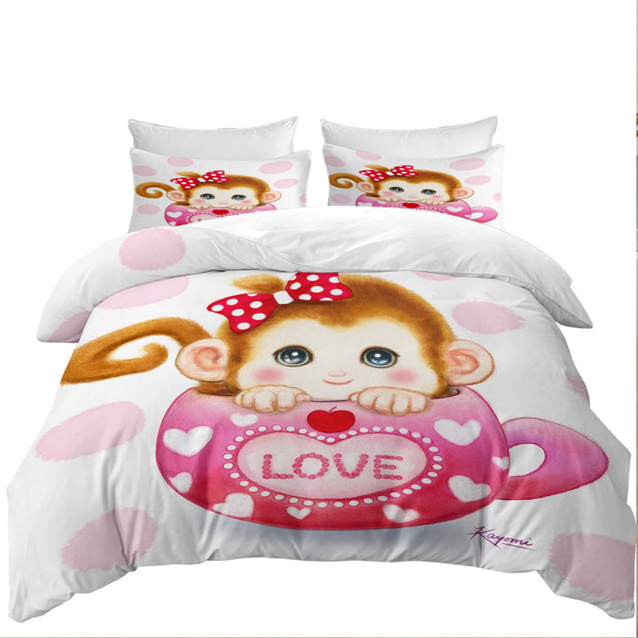 Cute Design Pinkish Love Cup Monkey California King Duvet Cover