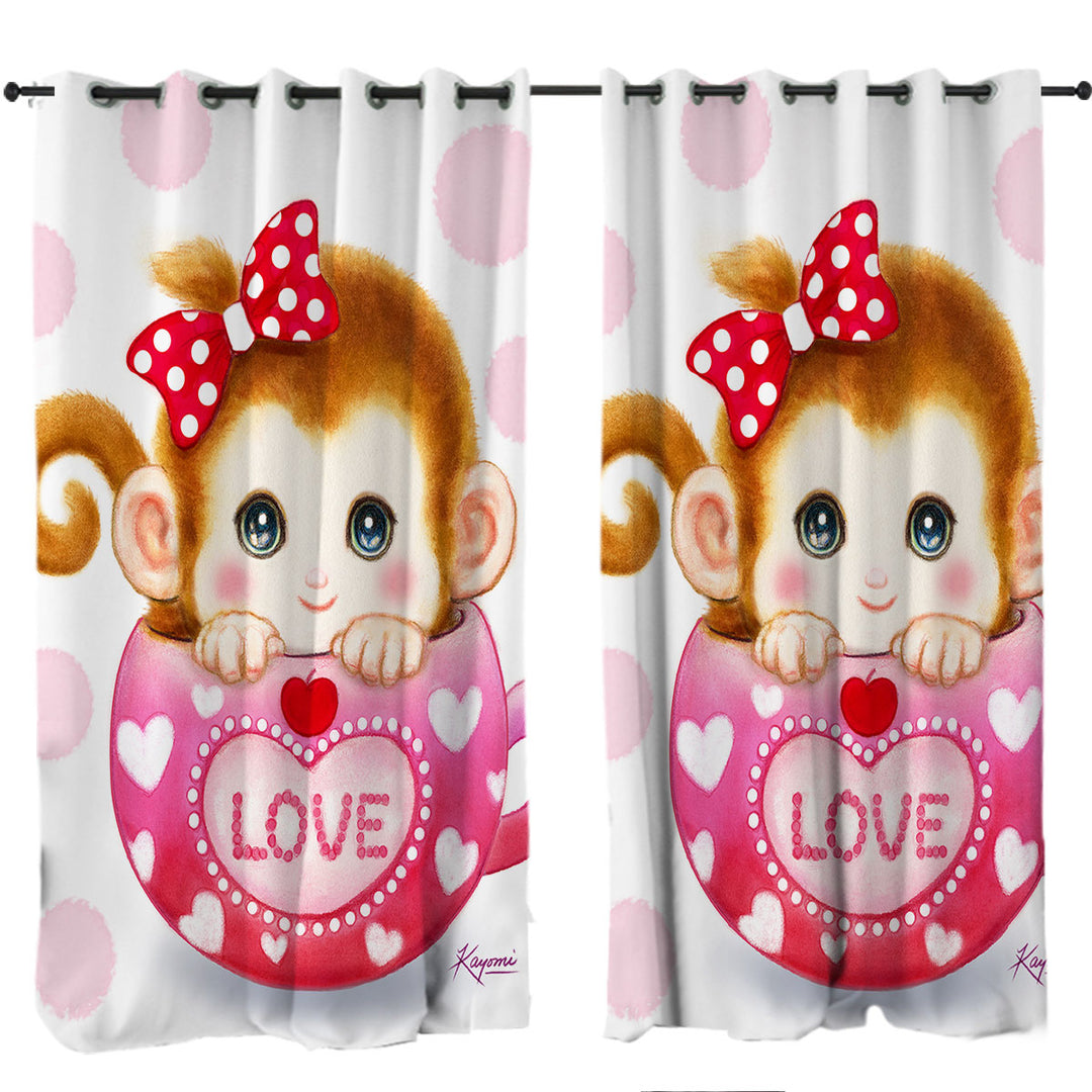 Cute Design Pinkish Love Cup Monkey Drapes and Curtains