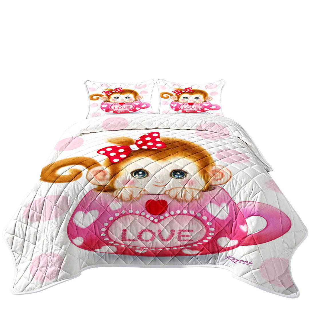 Cute Design Pinkish Love Cup Monkey King Size Quilt Sets