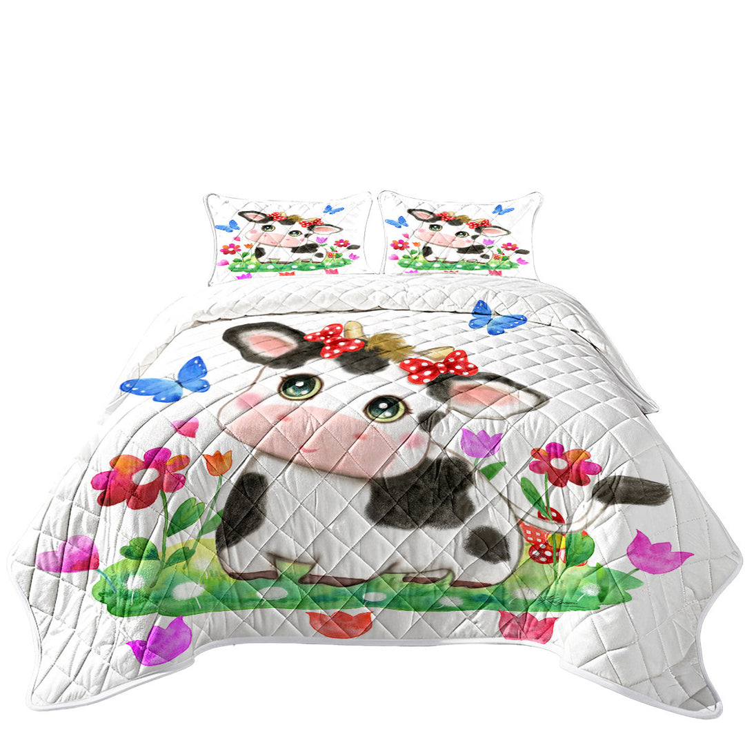 Cute Design for Kids Little Cow and Butterflies Coverlet