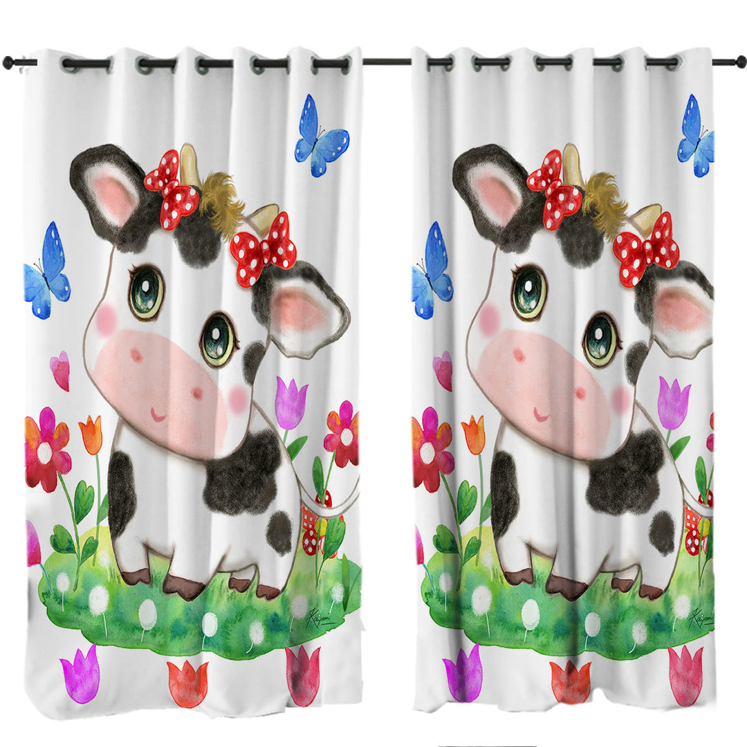 Cute Design for Kids Little Cow and Butterflies Curtain