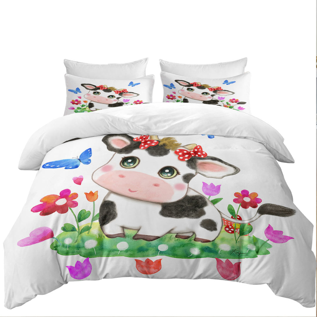 Cute Design for Kids Little Cow and Butterflies Duvet Cover