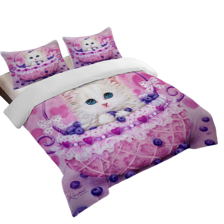 Cute Designs for Girls Kitten in Blueberry Basket Coverlet