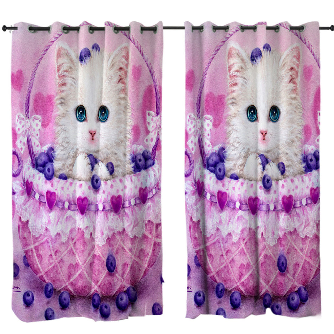 Cute Designs for Girls Kitten in Blueberry Basket Curtains