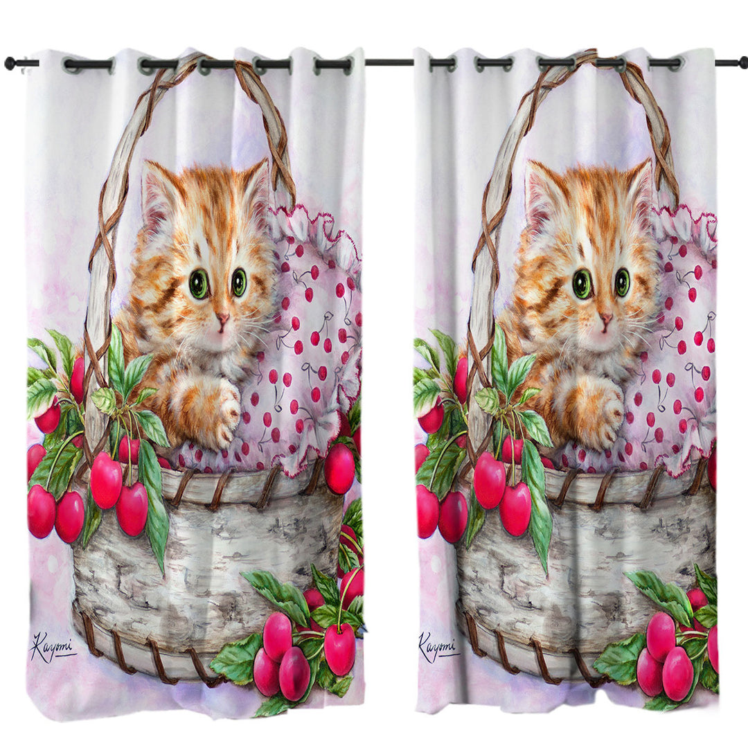 Cute Designs for Girls Kitten in Cherries Basket Drapes and Curtains