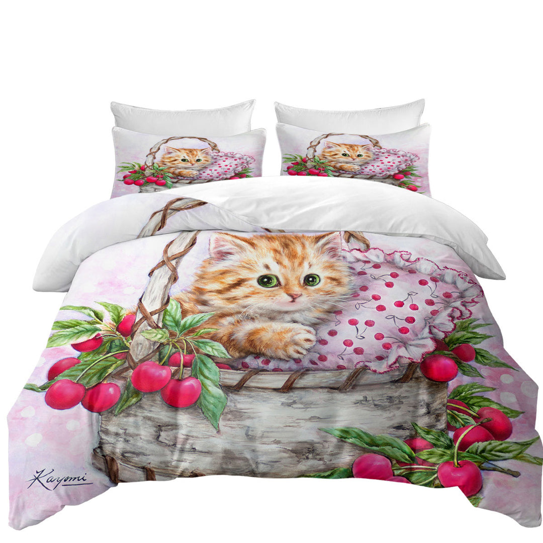 Cute Designs for Girls Kitten in Cherries Basket Good Duvet Covers