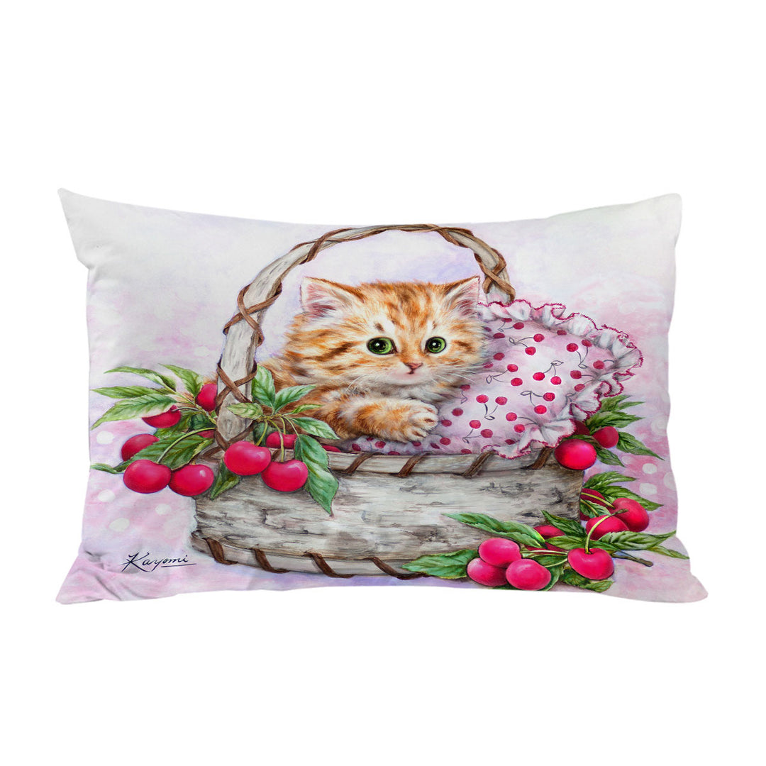 Cute Designs for Girls Kitten in Cherries Basket Pillowcase