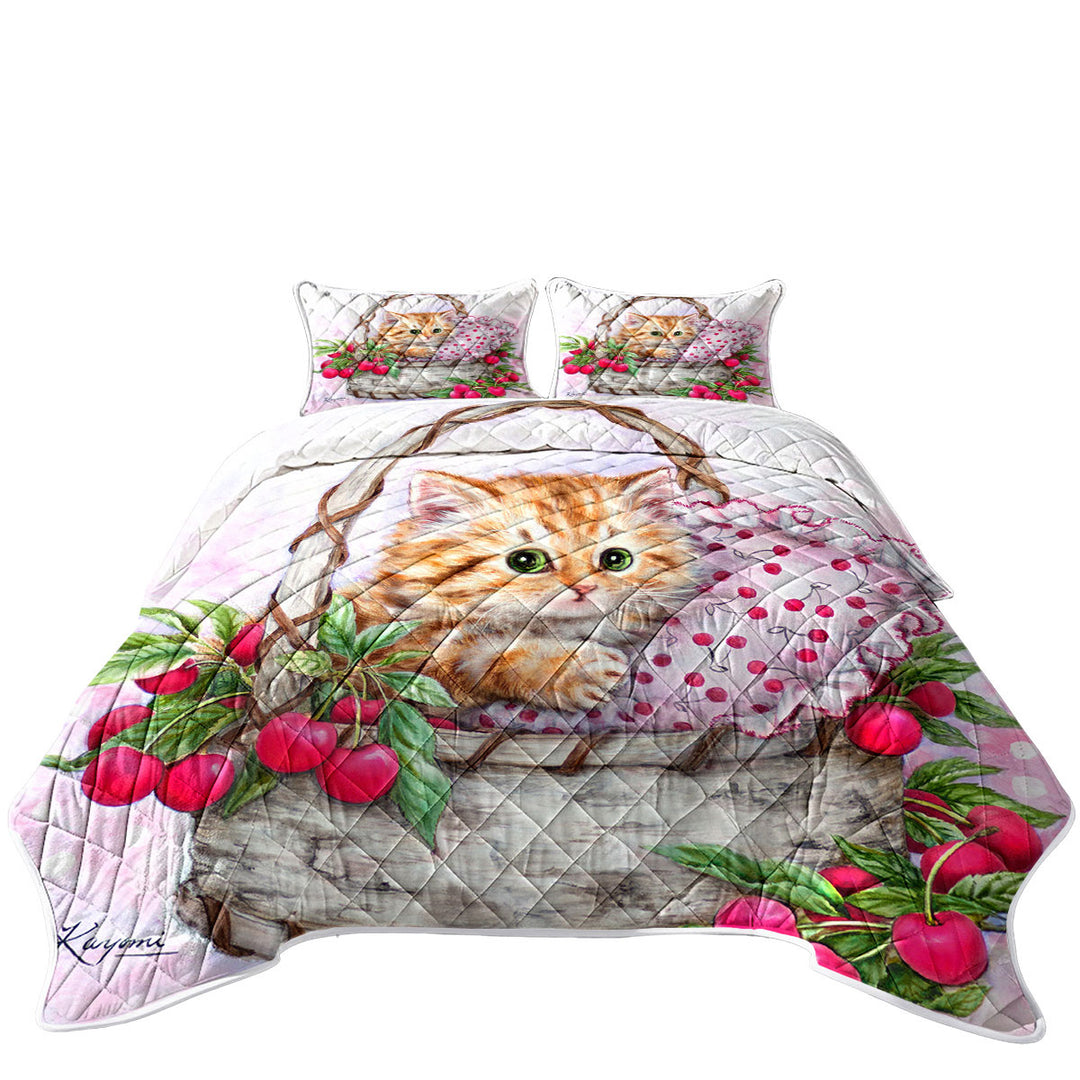 Cute Designs for Girls Kitten in Cherries Basket Quilts for Beds