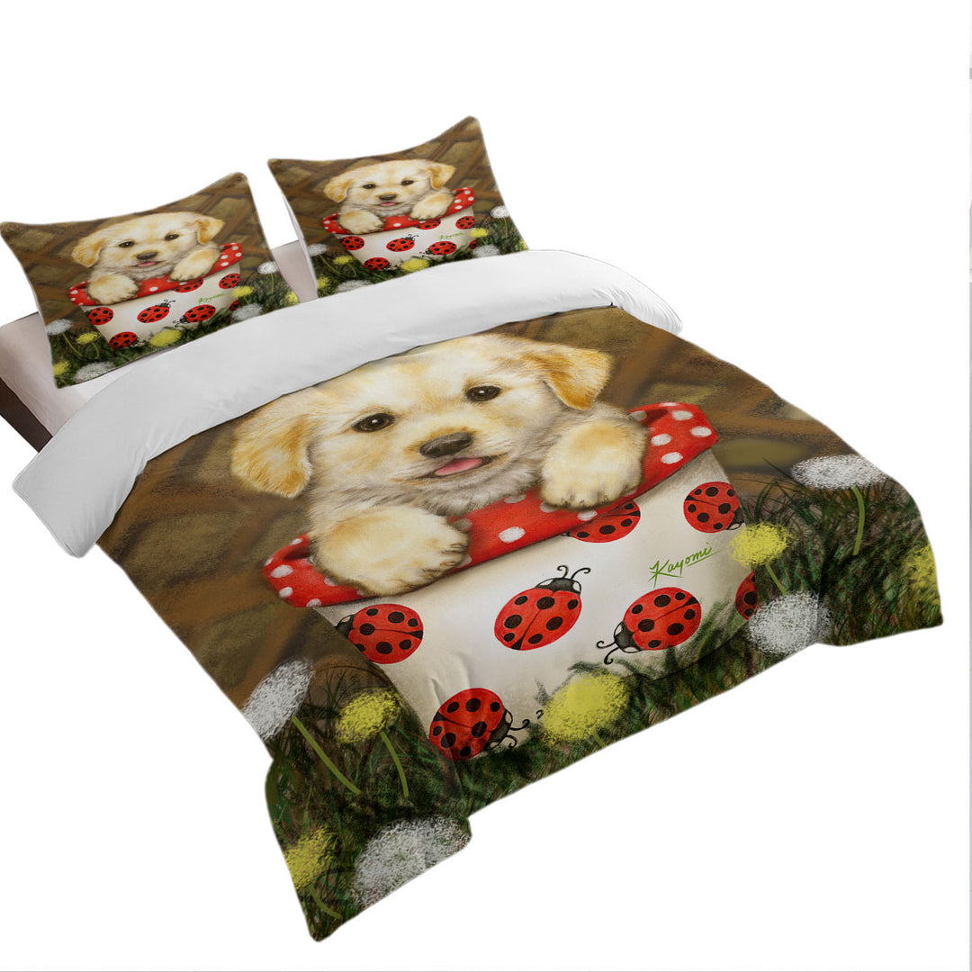 Cute Dog Puppy in Ladybug Flower Pot Coverlets