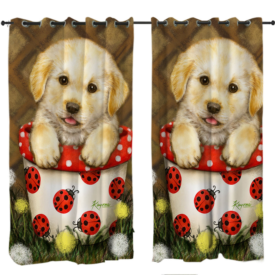 Cute Dog Puppy in Ladybug Flower Pot Curtains