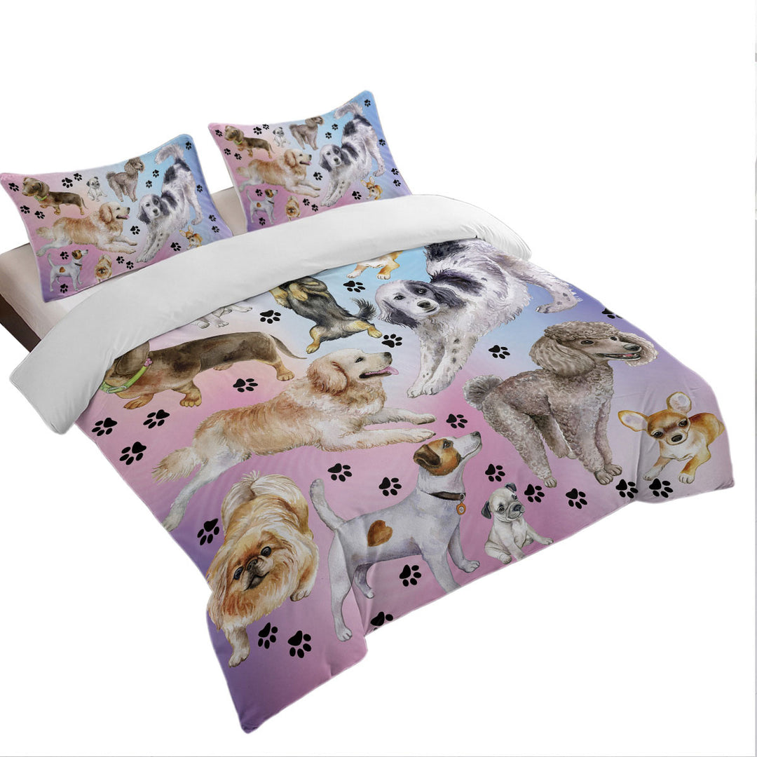 Cute Dogs Over Purplish Coverlets