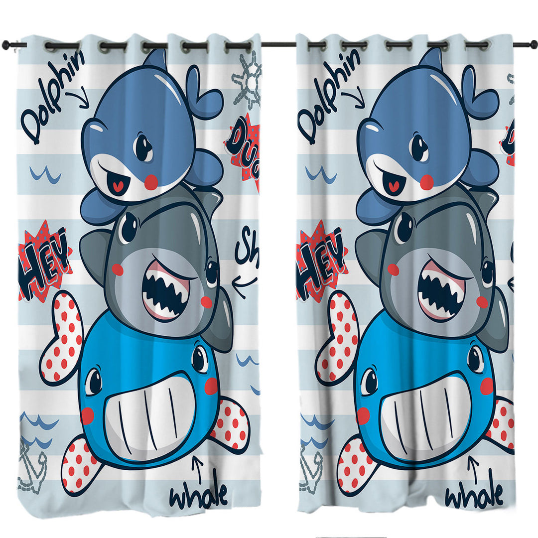 Cute Dolphin Shark and Whale Curtains for Bedroom