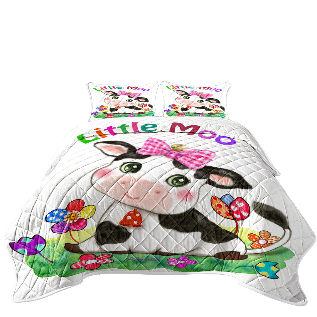 Cute Drawings for Kids Little Moo Cow and Flowers King Size Quilt