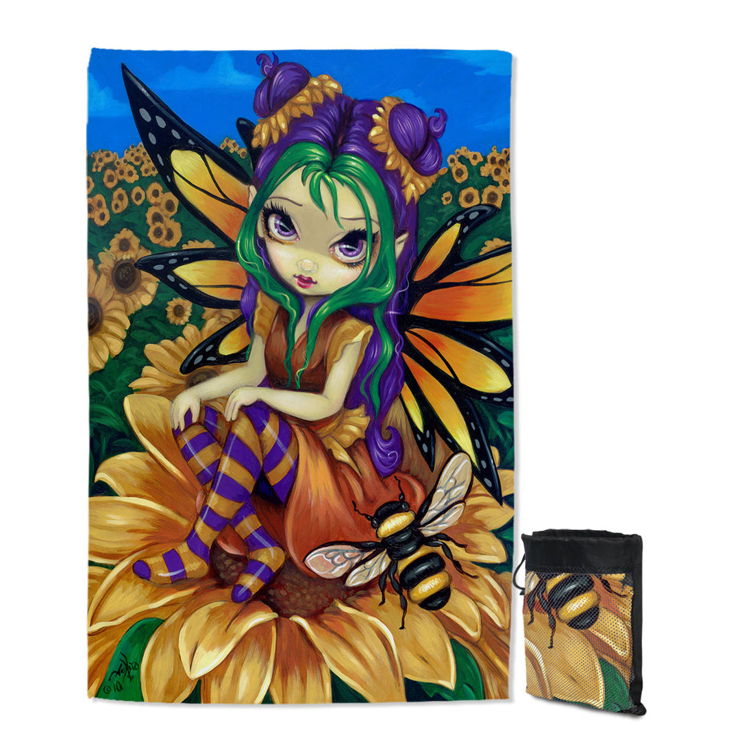 Cute Fairy and Bee Sitting on a Sunflower Beach Towels