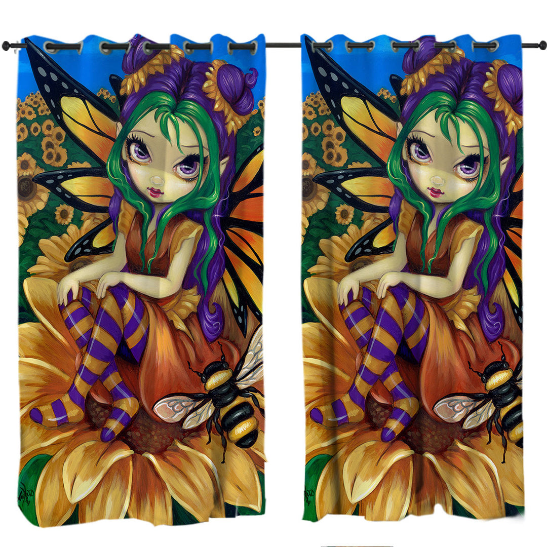 Cute Fairy and Bee Sitting on a Sunflower Drapes for Living Room