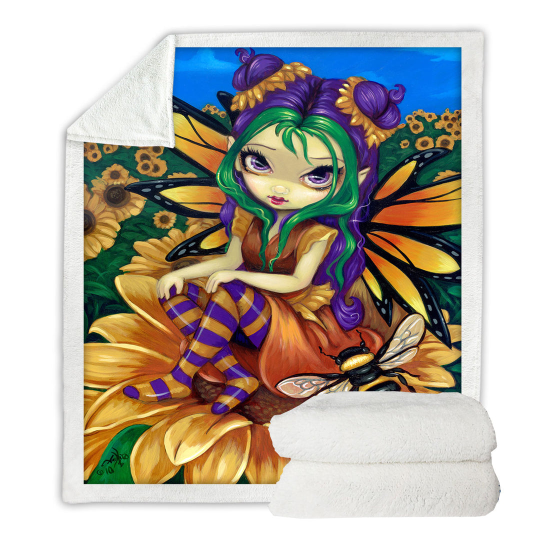 Cute Fairy and Bee Sitting on a Sunflower Fleece Blankets