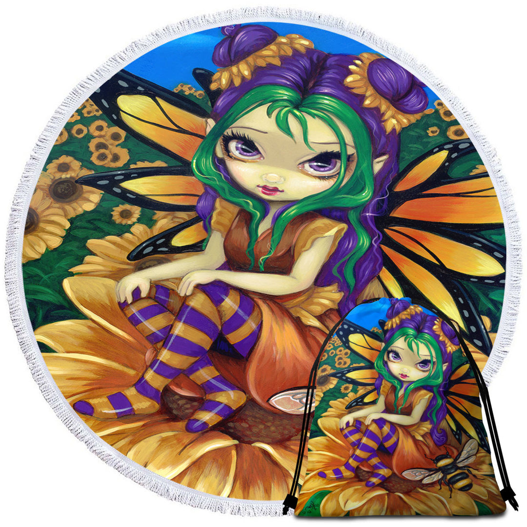 Cute Fairy and Bee Sitting on a Sunflower Nice Beach Towels for Girls