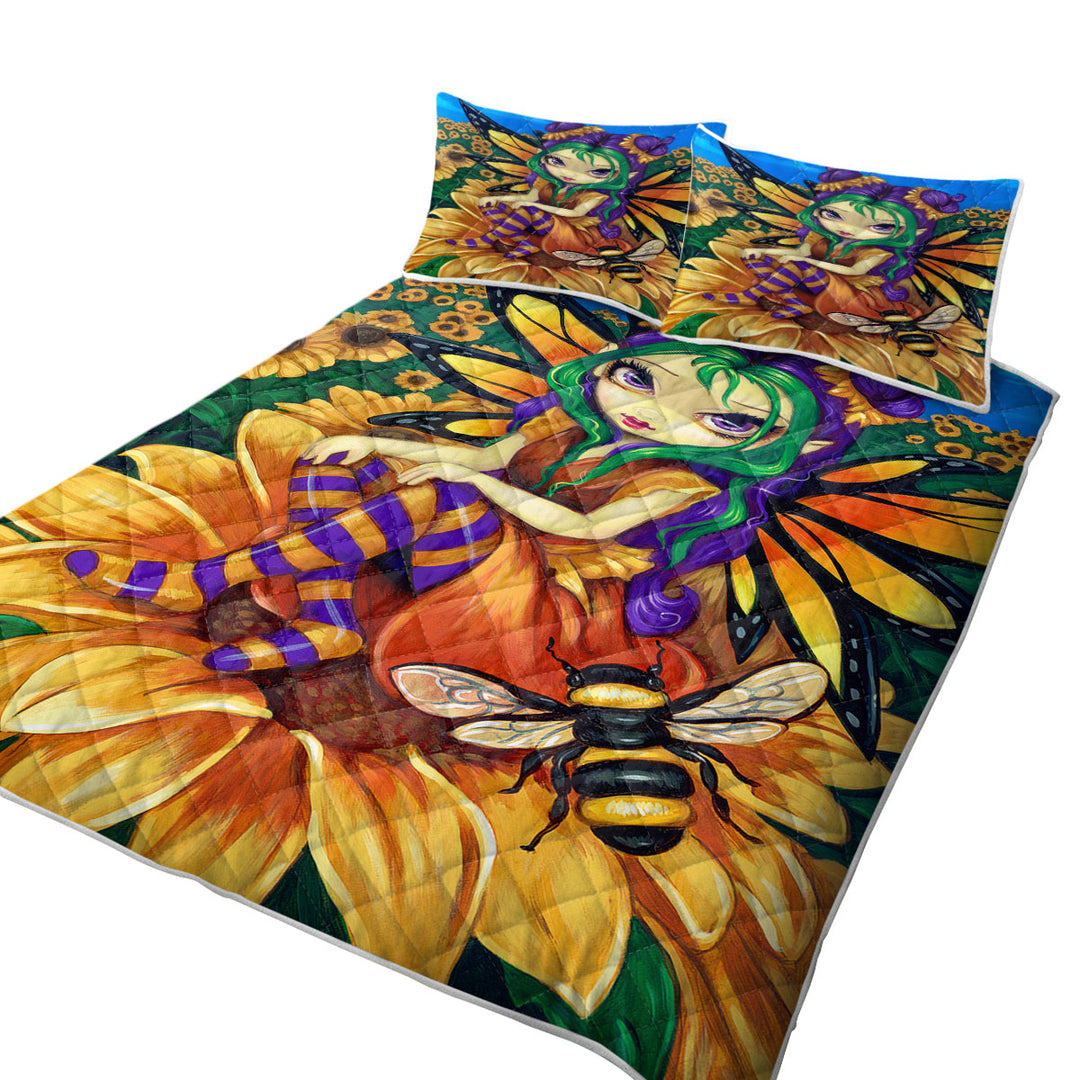 Cute Fairy and Bee Sitting on a Sunflower Quilt shop near me
