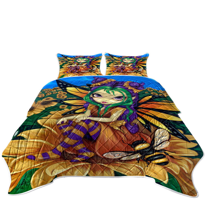Cute Fairy and Bee Sitting on a Sunflower Quilts