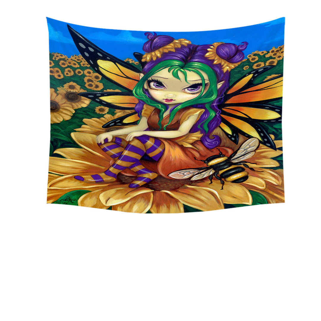 Cute Fairy and Bee Sitting on a Sunflower Tapestry Wall Hanging Fabric