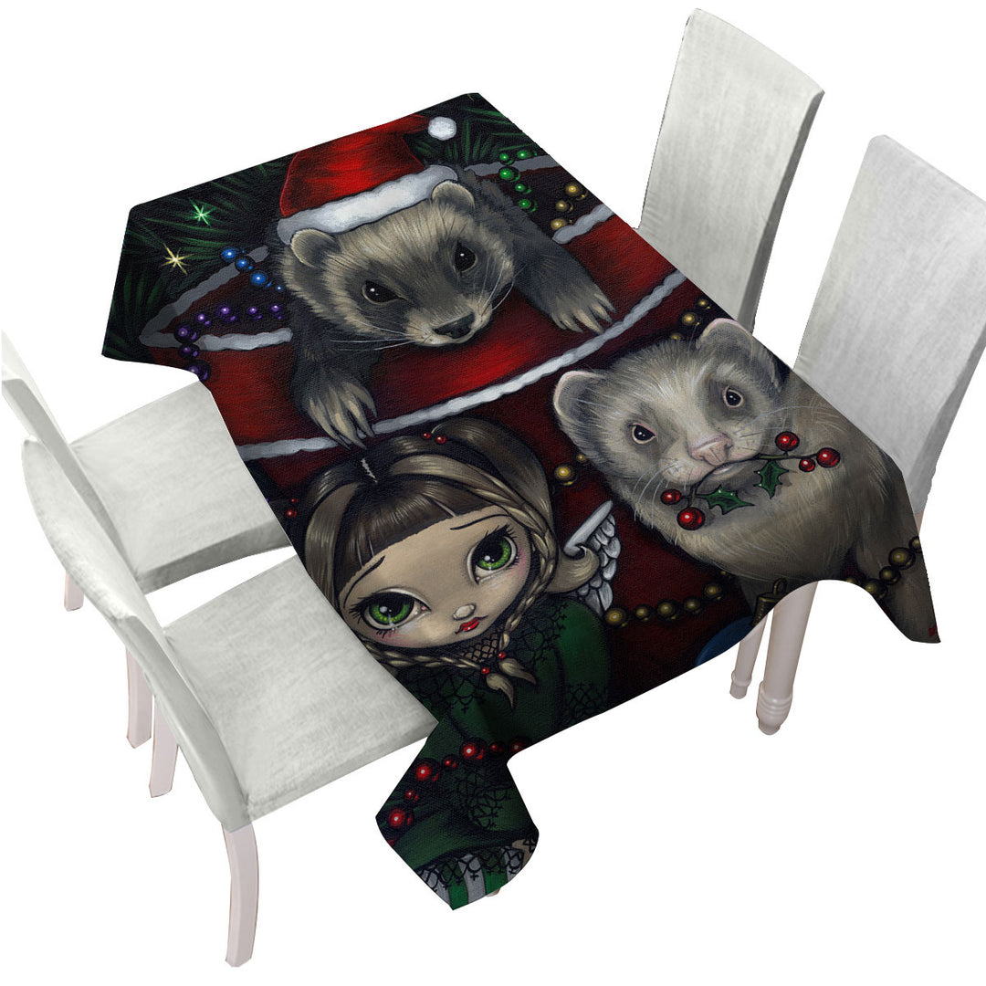 Cute Fairy and Christmas Ferrets Tablecloth