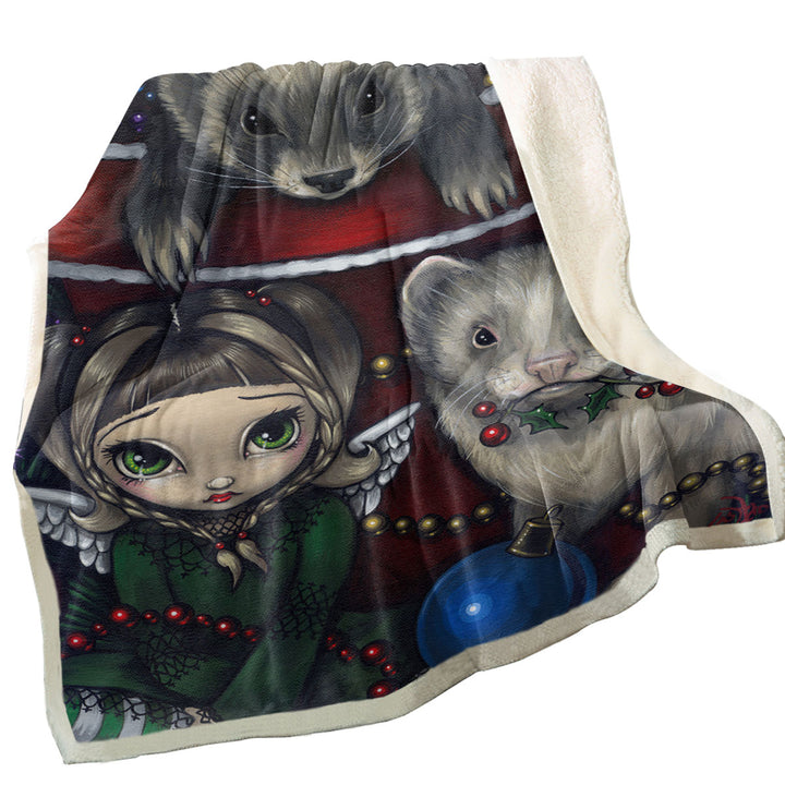 Cute Fairy and Christmas Ferrets Throw Blanket