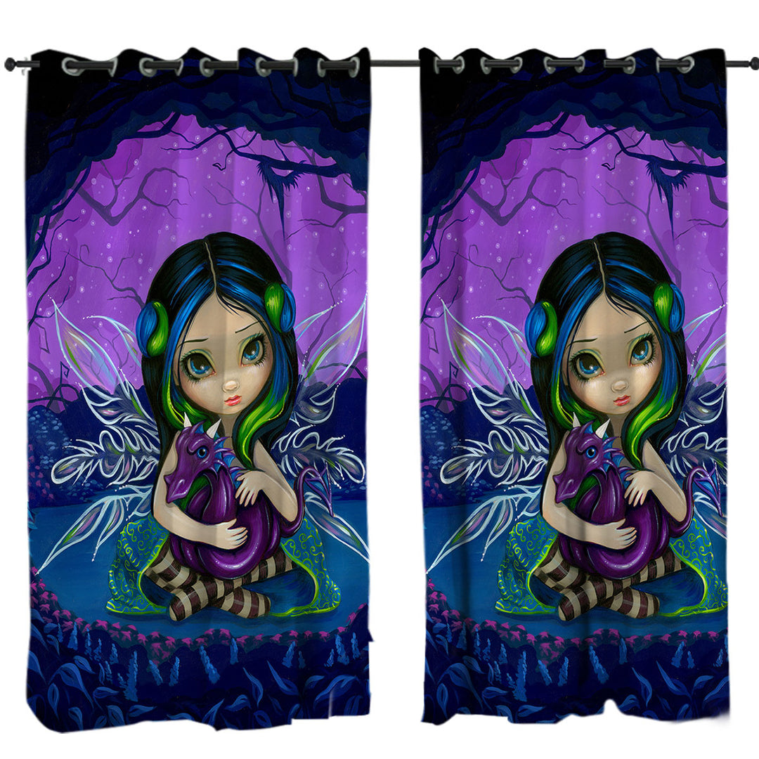 Cute Fairy in the Purple Moonlit Dragonling Garden Curtain