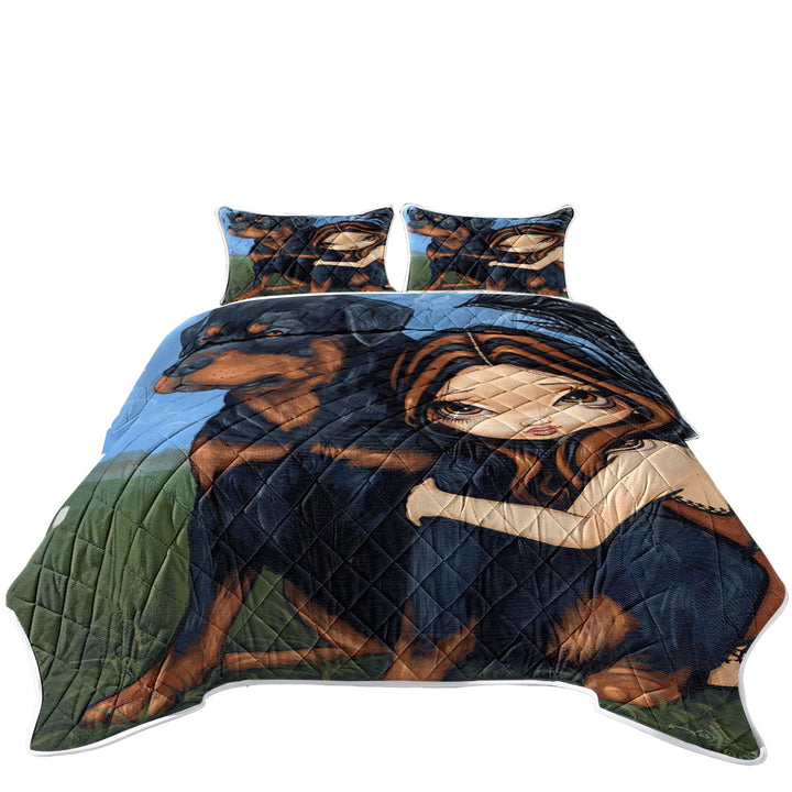 Cute Fairy with a Rottweiler Dog California King Quilt Sets