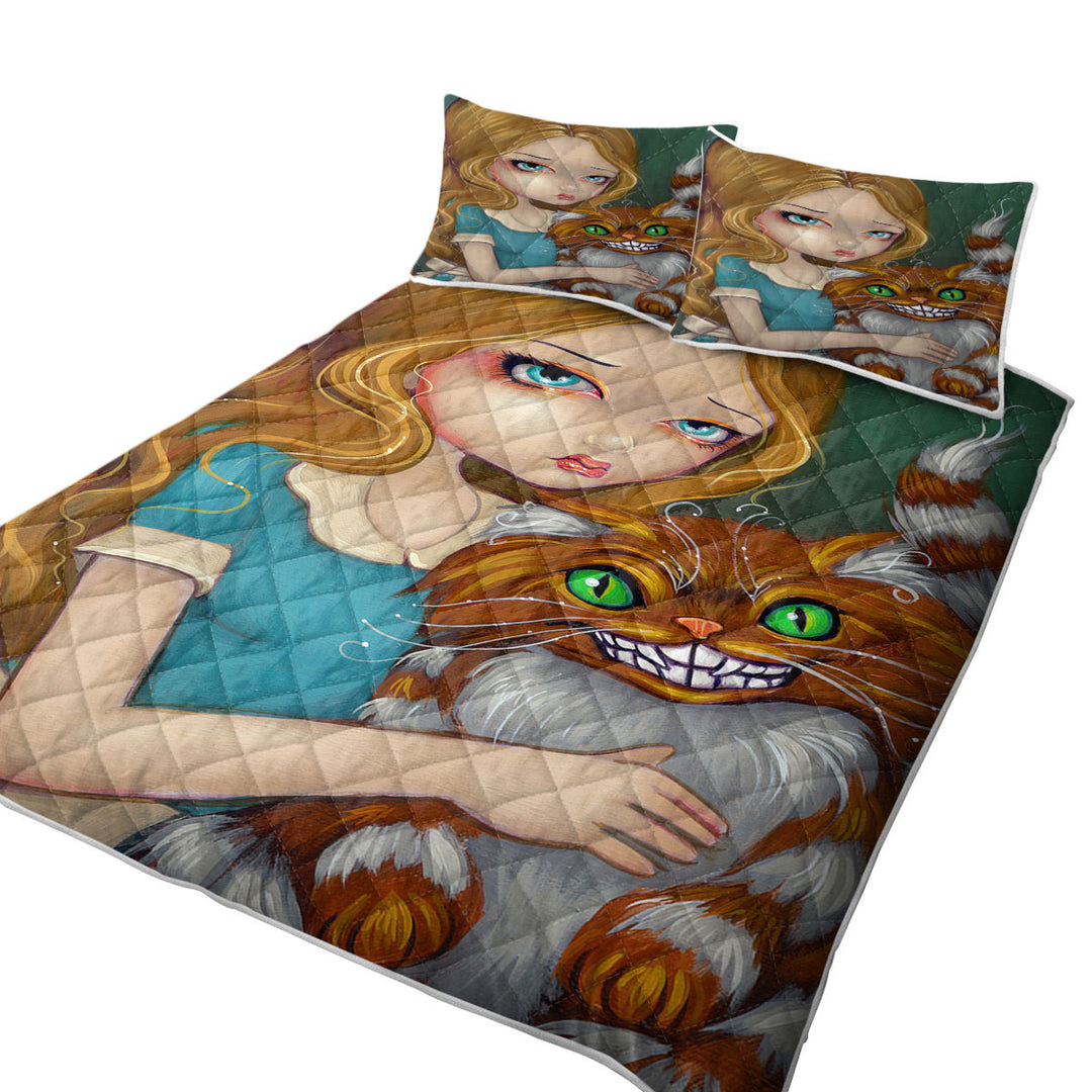 Cute Fantasy Art Alice Cuddling the Cheshire Cat Quilt