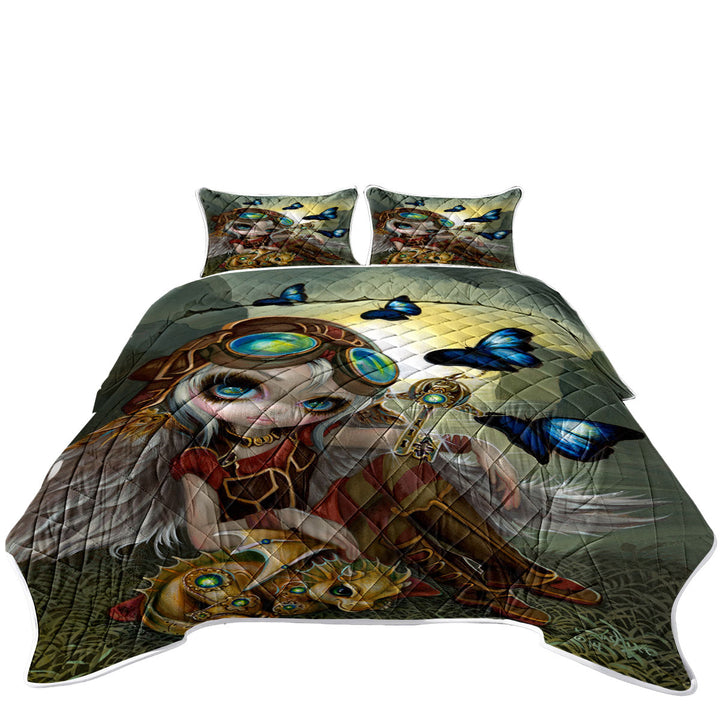 Cute Fantasy Art Angel and Clockwork Dragonling Quilt