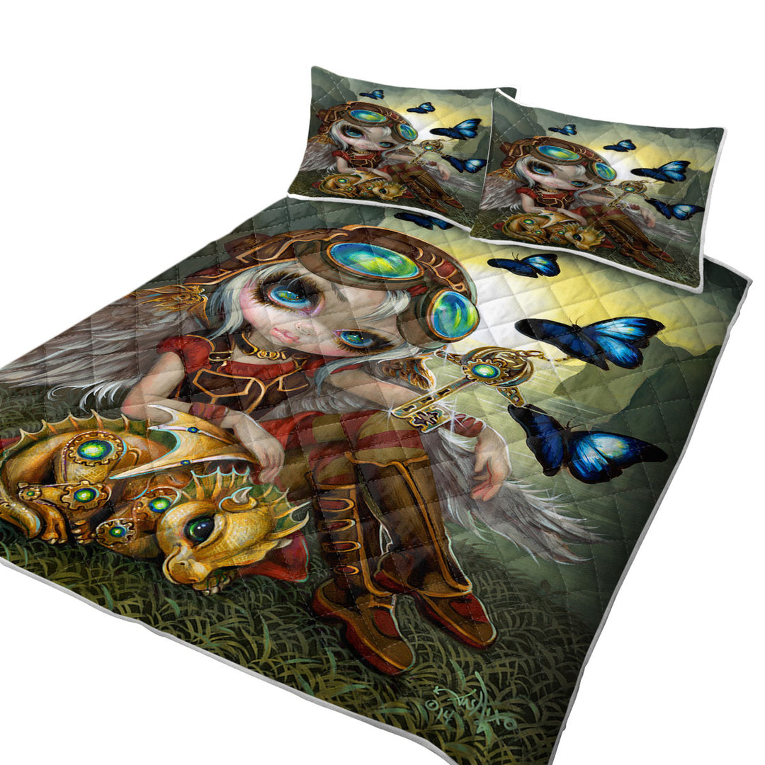Cute Fantasy Art Angel and Clockwork Dragonling Quilts