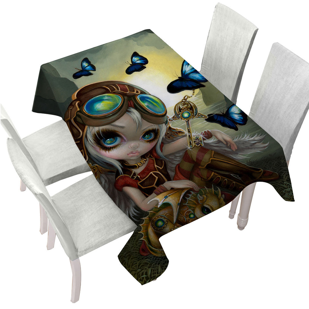Cute Fantasy Art Angel and Clockwork Dragonling Tablecloth