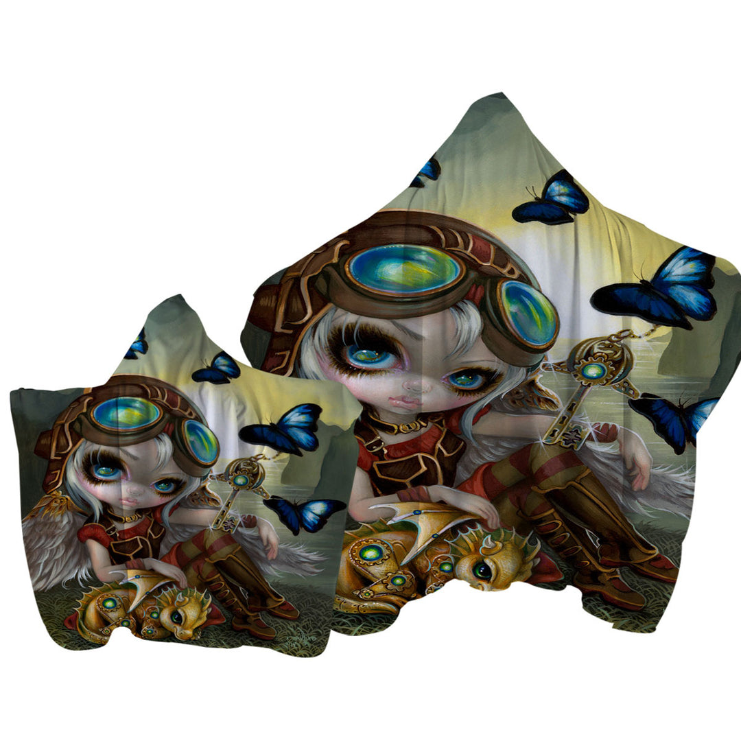 Cute Fantasy Art Angel and Clockwork Dragonling Towel with Hood