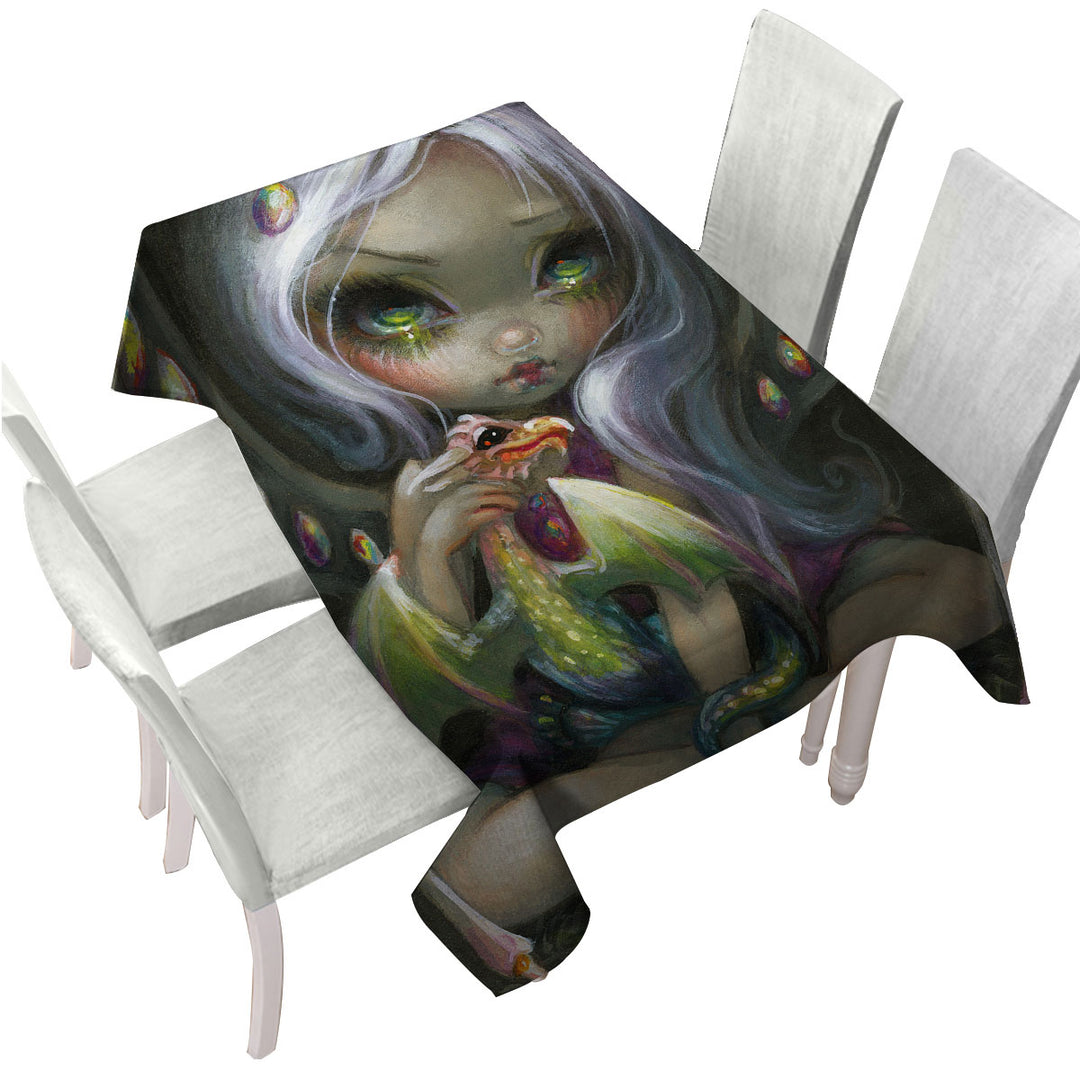 Cute Fantasy Art Fire Opal Fairy and Dragonling Printed Tablecloth