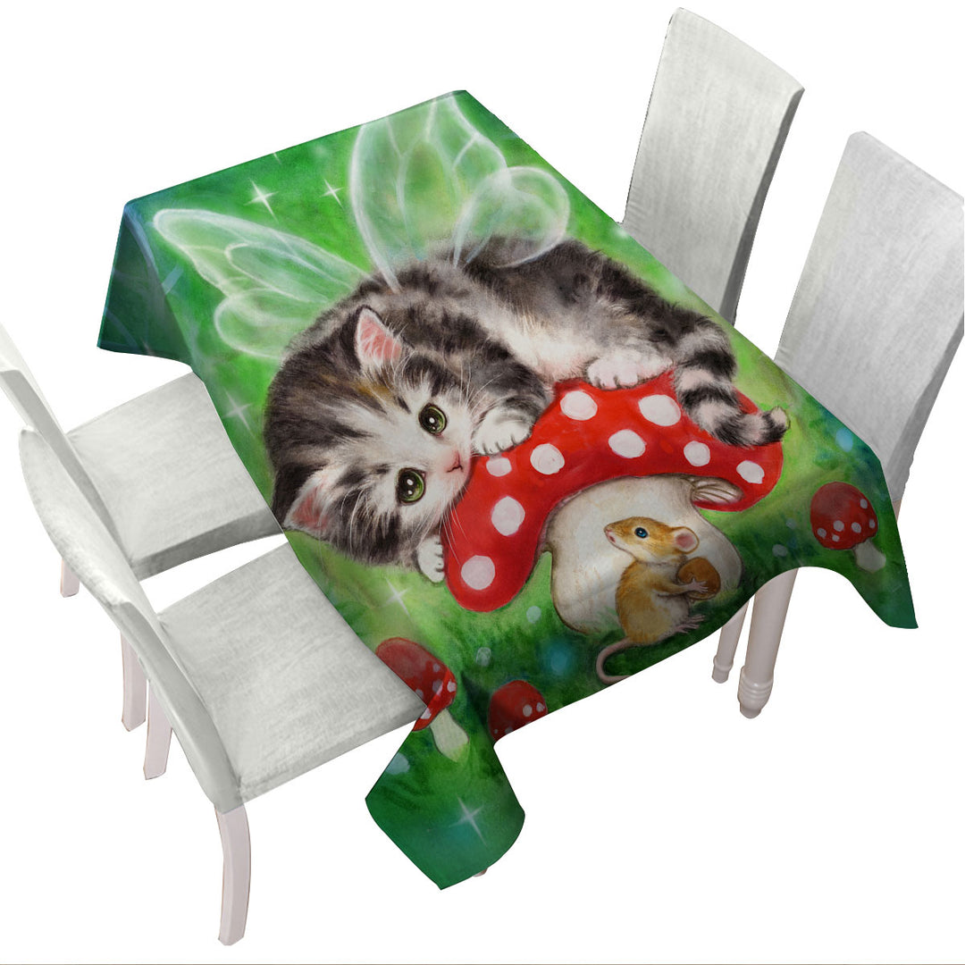 Cute Fantasy Cat Art Kitten Fairy on Mushroom Custom table cloth