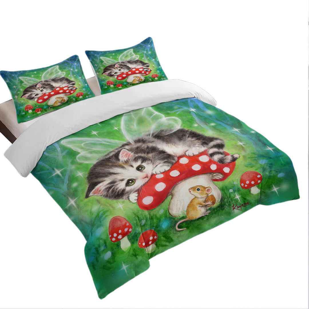 Cute Fantasy Cat Art Kitten Fairy on Mushroom Oversized King Duvet Cover