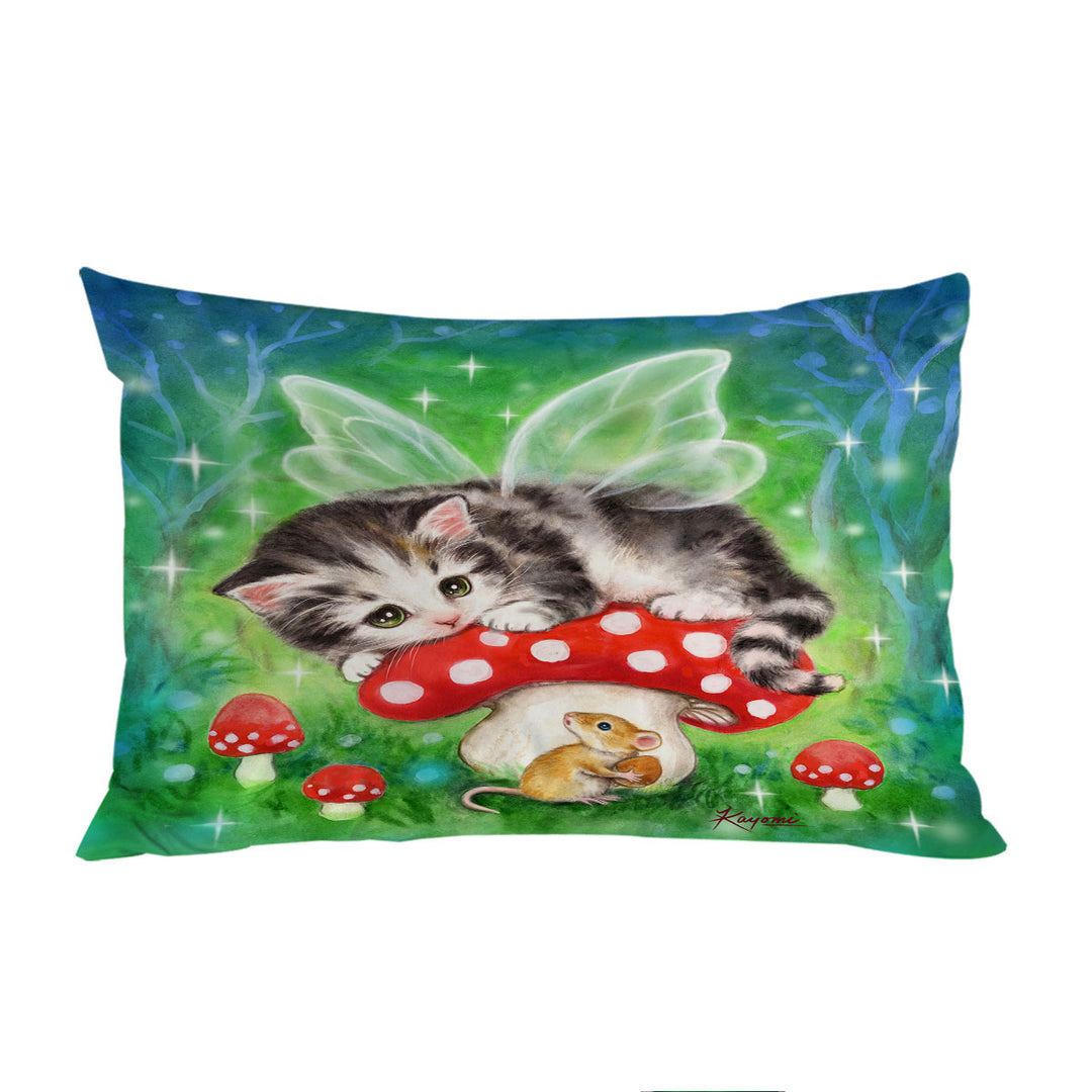 Cute Fantasy Cat Art Kitten Fairy on Mushroom Pillow Cases