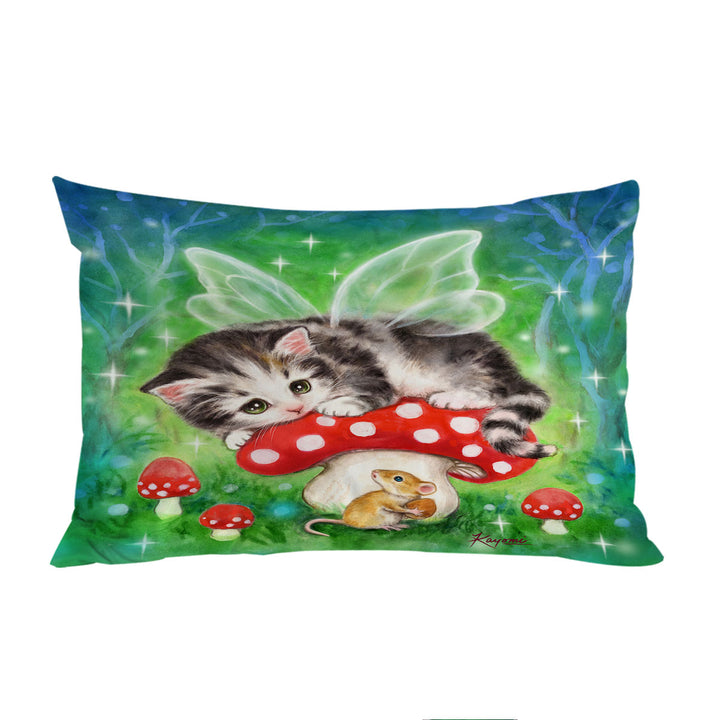 Cute Fantasy Cat Art Kitten Fairy on Mushroom Pillow Cases