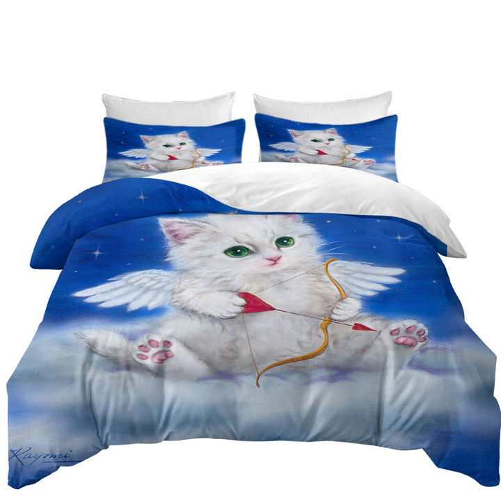 Cute Fantasy Cat Art Love Angel White Kitten Quilt Cover Sets