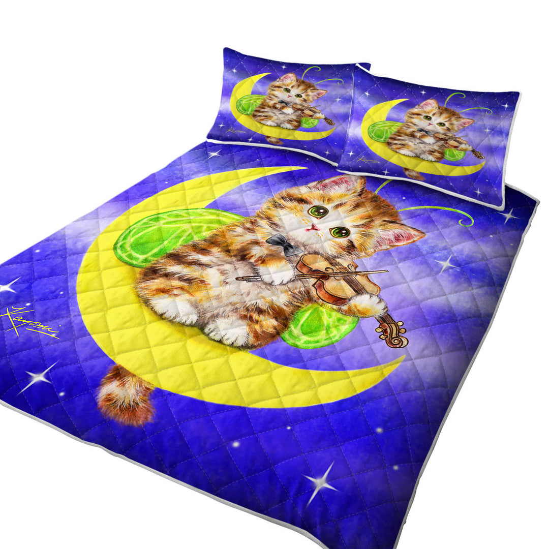 Cute Fantasy Cats Art Violinist Tabby Kitten Coverlets