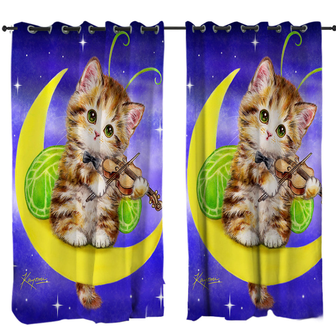 Cute Fantasy Cats Art Violinist Tabby Kitten Drapes and Curtains