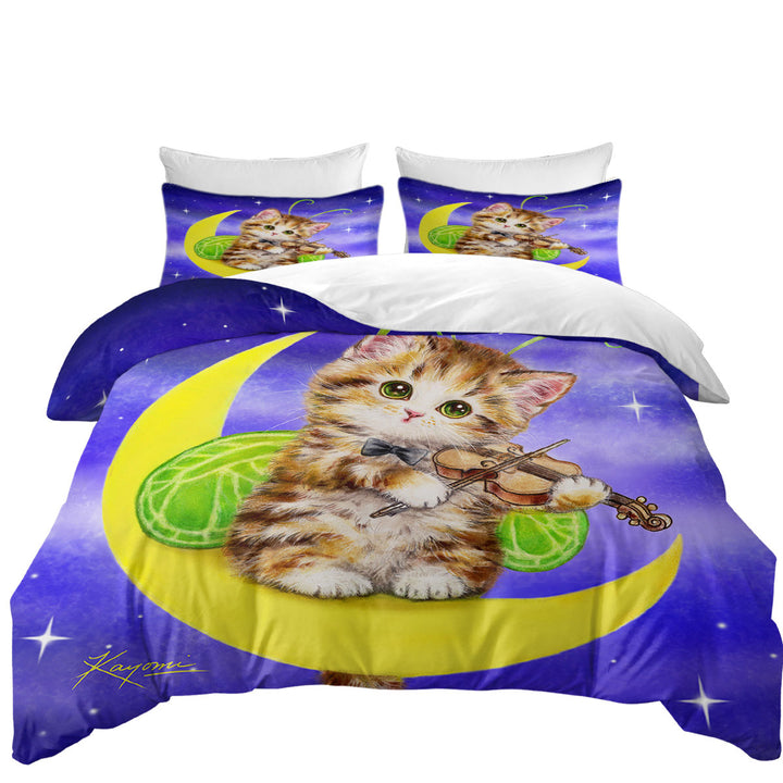 Cute Fantasy Cats Art Violinist Tabby Kitten King Quilt Cover