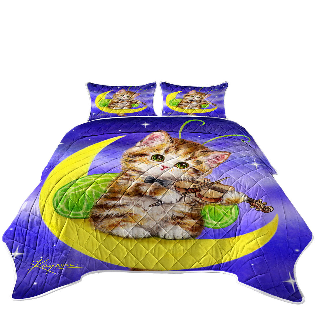 Cute Fantasy Cats Art Violinist Tabby Kitten King Size Quilt Sets
