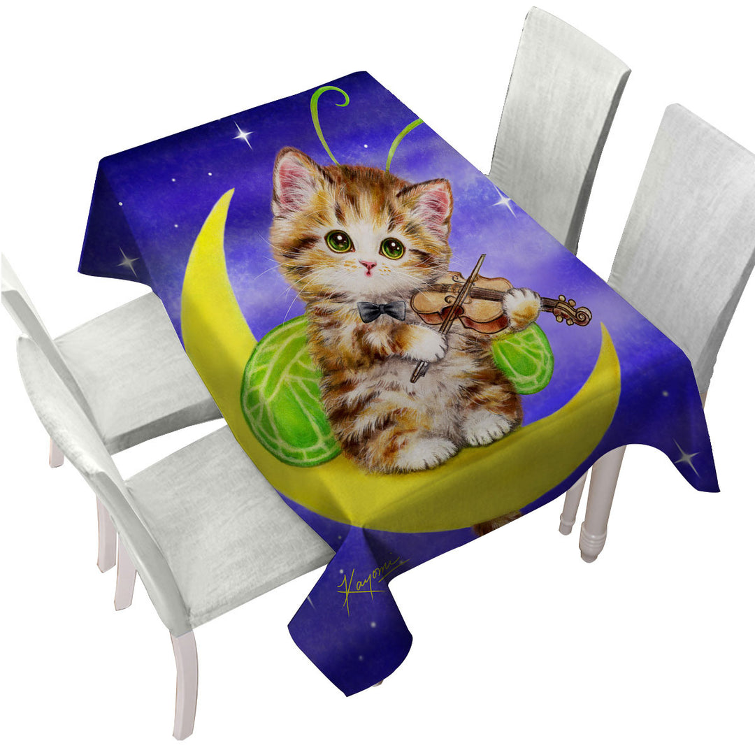 Cute Fantasy Cats Art Violinist Tabby Kitten Table Cover