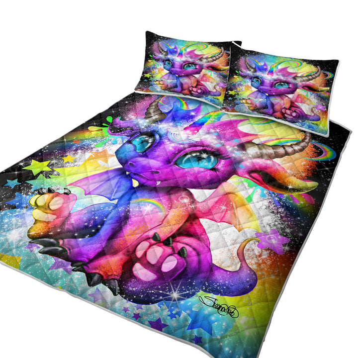 Cute Fantasy Creature Rainbow Lil Dragon Quilts for Beds