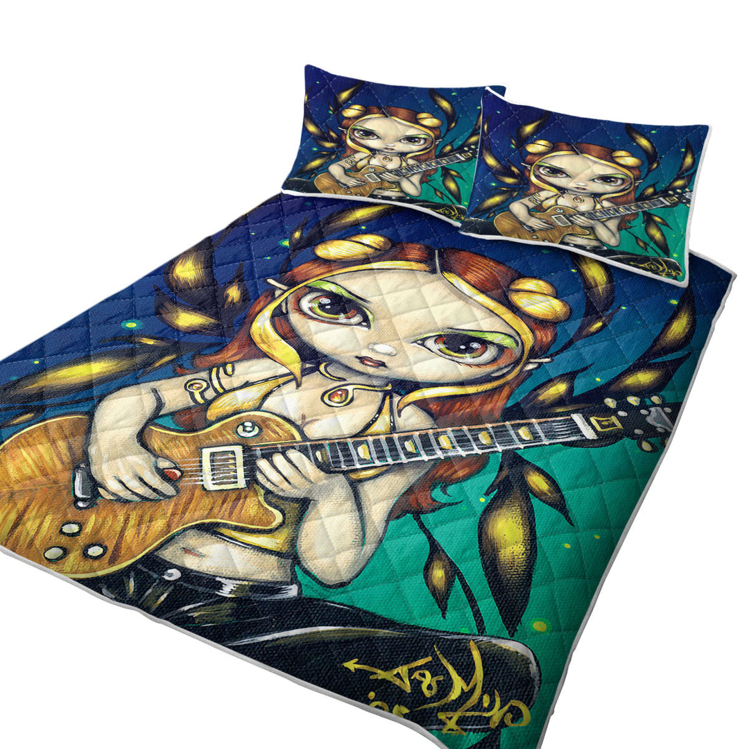Cute Fantasy Golden Guitar Fairy King Size Quilt Sets