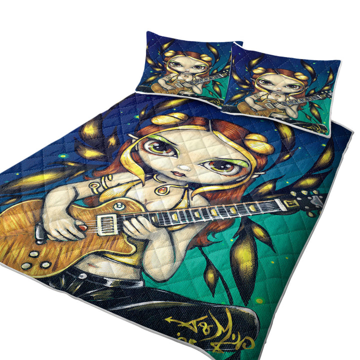 Cute Fantasy Golden Guitar Fairy King Size Quilt Sets