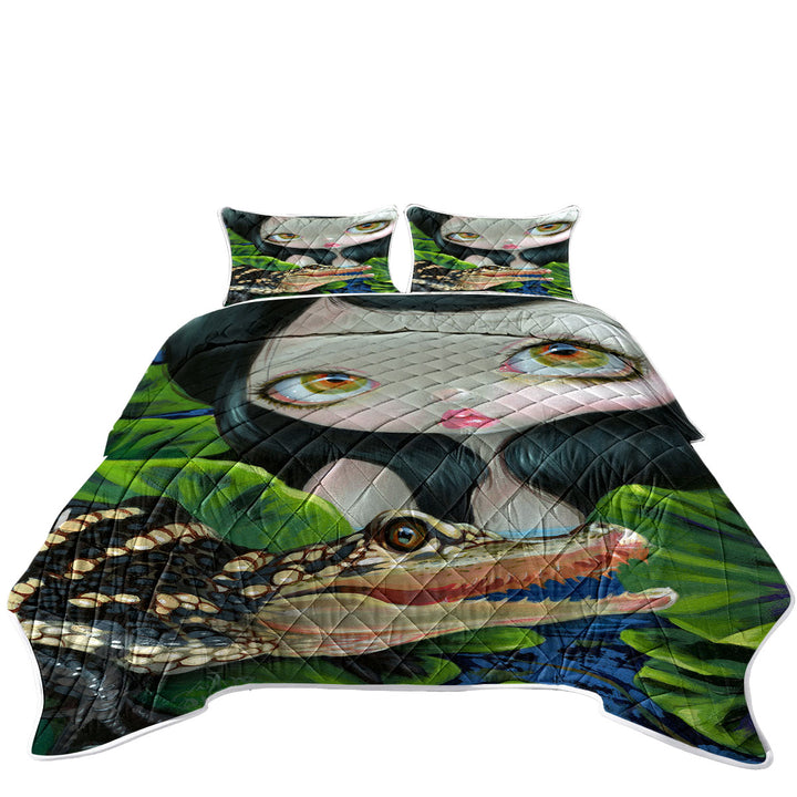 Cute Fantasy Mermaid with a Baby Alligator Quilts