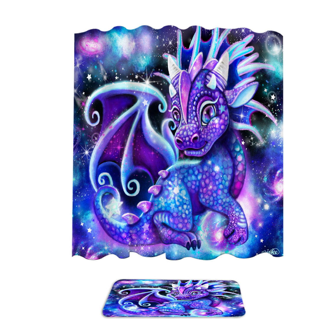Cute Fantasy Painting Galaxy Lil Dragon Shower Curtains for Kids Bathroom