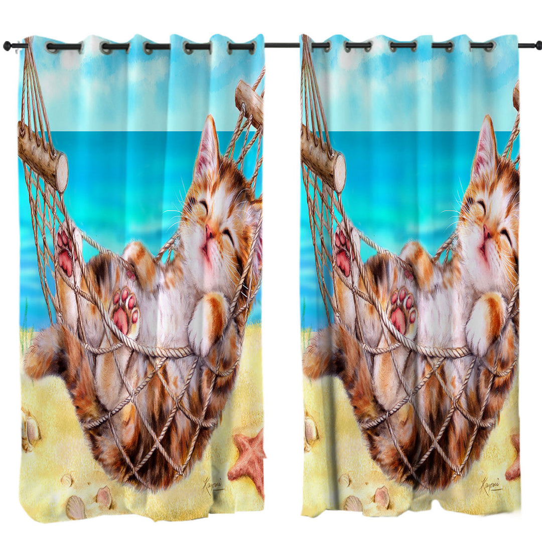 Cute Funny Cat Art Painting Kitten at the Beach Drapes and Curtains